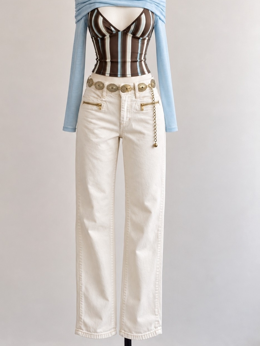 Paige Cream High-Rise Straight Jeans with Gold Accent